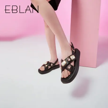 伊伴2023夏季女鞋平底交叉带凉鞋厚底时尚休闲沙滩鞋水钻小香风商品大图