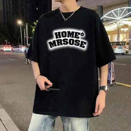 潮牌短袖t恤男夏季新款美式高街纯棉休闲半袖重磅情侣宽松上衣服商品大图