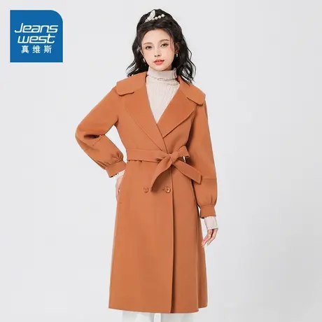 G8真维斯女款中长款毛呢外套2025春季新款纯色系带收腰长袖上衣女商品大图