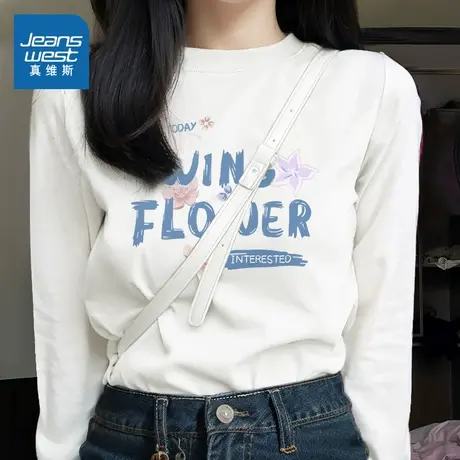 KMV真维斯白色长袖T恤女2025春季爆款时尚百搭减龄学院风宽松上衣商品大图