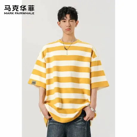 马克华菲时尚潮流设计感条纹撞色短袖t恤男小众宽松休闲运动上衣图片