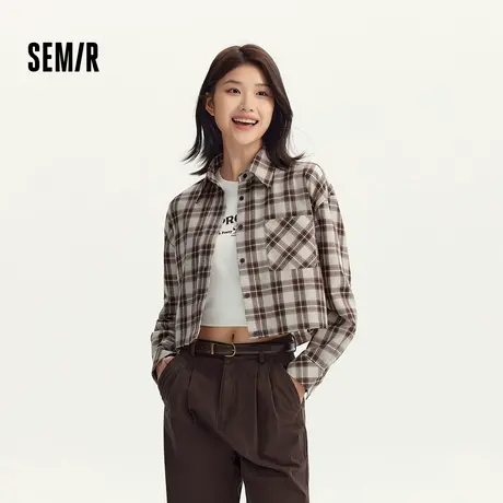 森马长袖衬衫女短款oversize收腰格纹衬衣复古秋季抽绳上衣慵懒风图片