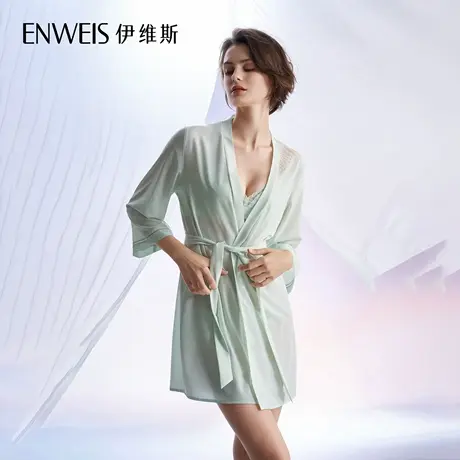 伊维斯微风系列睡袍10391149专柜同款系带青果领轻奢蕾丝浴袍商品大图