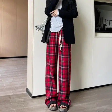 黑红复古窄版撞色格子裤女秋冬季宽松高腰松紧抽绳垂感休闲直筒裤商品大图