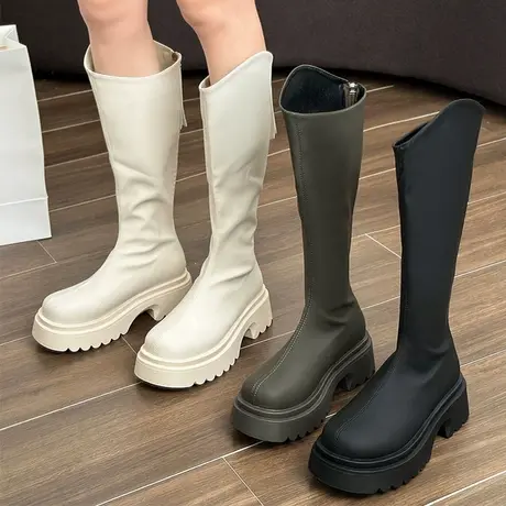 不过膝长筒靴子女2023新款秋季小个子厚底复古长靴瘦瘦高筒骑士靴商品大图