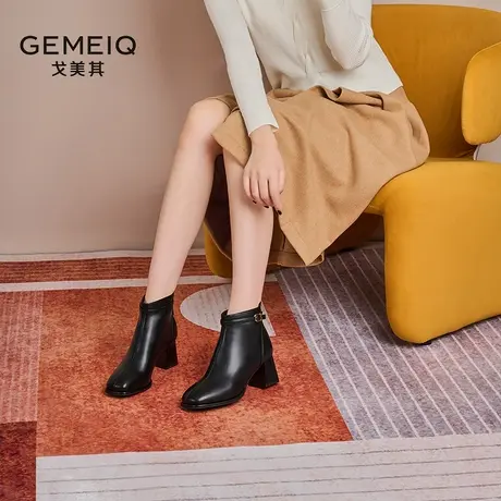 戈美其靴子女2024新款粗跟短靴春秋单靴法式小踝靴方头高跟瘦瘦靴图片