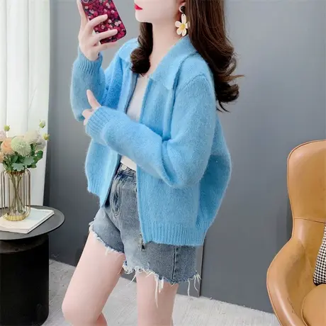 高级感短款拉链翻领毛衣外套女春季2025新款韩版显高针织开衫上衣商品大图