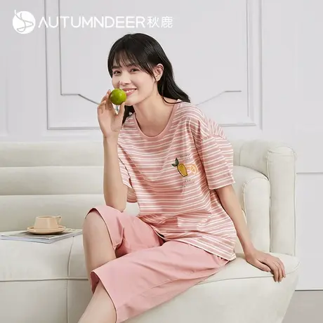 秋鹿【夏季新款】睡衣女士纯棉圆领条纹短袖七分裤休闲家居服套装商品大图