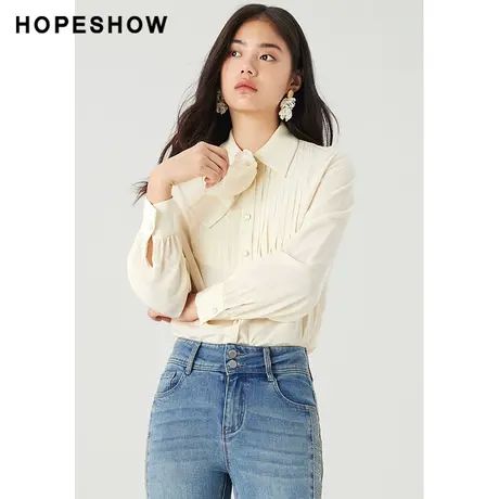 红袖outlets蝴蝶结风琴褶衬衫hopeshow春季新款女单排扣翻领衬衣商品大图