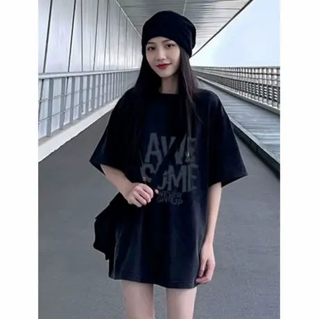下衣失踪中长款黑色短袖t恤女夏新款美式潮牌字母印花遮屁股上衣商品大图