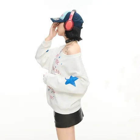美式复古长袖印花露肩卫衣女春秋新款慵懒松弛感宽松休闲套头上衣商品大图