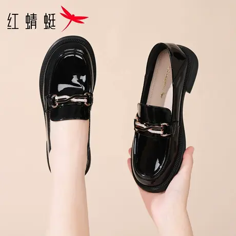 红蜻蜓女鞋春秋鞋子漆皮亮面休闲皮鞋女款乐福鞋真皮英伦单鞋软底图片