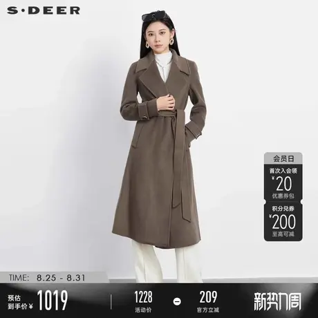 sdeer圣迪奥冬季女装时尚翻领收腰直筒长款毛呢大衣S23482507商品大图