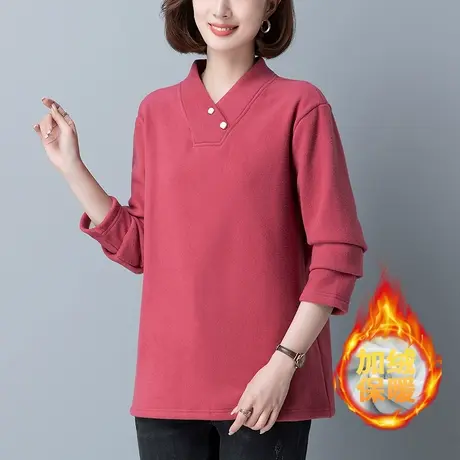 妈妈冬季加绒打底衫女宽松加肥加大码女装中老年休闲保暖长袖上衣商品大图