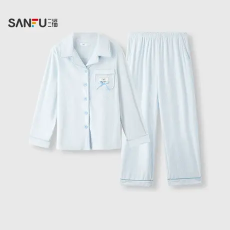 三福女冬季蝴蝶结抗静电海岛绒睡衣套装 柔软长袖家居服507844商品大图