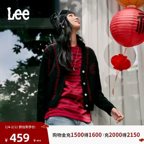 Lee商场同款26春夏新品宽松版圆领刺绣Logo条纹红色女长袖T恤休闲图片