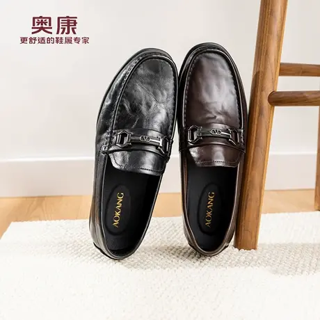 奥康 男鞋2026春季新款休闲乐福鞋日常舒适透气百搭一脚蹬皮鞋商品大图
