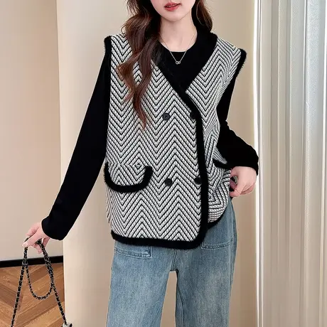 唐狮秋冬季女毛衣简约风气质V领开衫马甲通勤背心高级感毛线衫tu商品大图