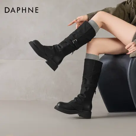 达芙妮长筒靴女2026新款秋冬黑色厚底裤管靴冬季加绒高筒骑士长靴商品大图