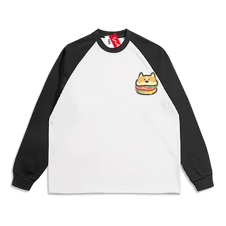 悦游 汉堡猫狗 重磅纯棉300g日系少年感情侣拼色长袖插肩T恤男图片