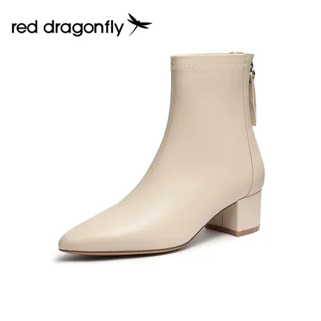 红蜻蜓法式短靴女新款粗跟靴子尖头气质瘦瘦靴通勤时装高跟女靴图片