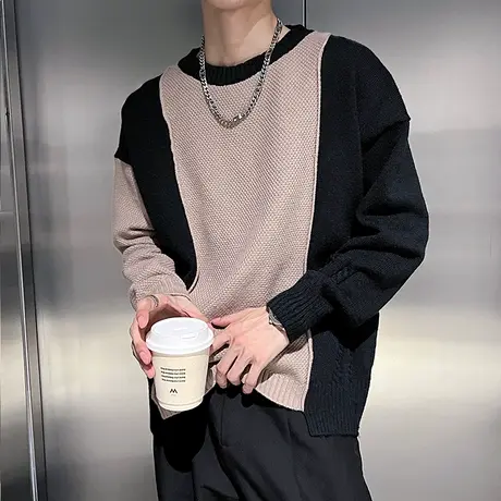 潮牌撞色拼接毛衣高街个性休闲秋冬季潮牌INS青年内搭针织衫线衣商品大图