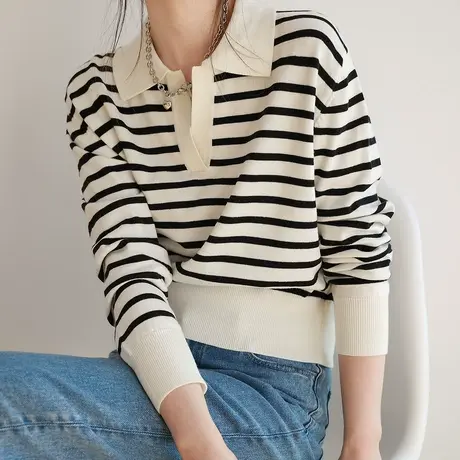 嘉茱莉复古条纹针织衫女2023春新款韩系时尚宽松polo领短款上衣商品大图