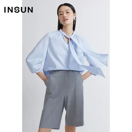 恩裳商场同款夏季纯棉舒适宽松飘带领口设计泡泡袖衬衫女图片