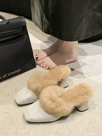 毛毛高跟单鞋女2023冬季新款外穿加绒尖头半拖爆款网红中跟拖鞋商品大图