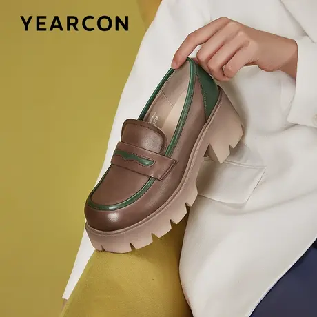 意尔康厚底真皮乐福鞋女英伦风2024春季新款粗跟小皮鞋一脚蹬单鞋商品大图