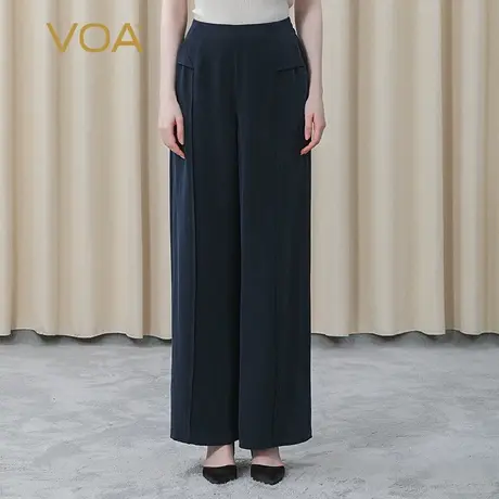 VOA30姆米真丝重磅藏青色自然腰后置牛筋松紧宽松桑蚕丝阔腿裤图片