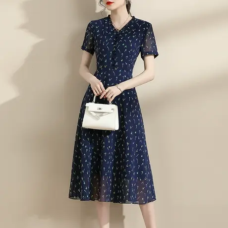水墨青华短袖女夏季新品修身花色裙子优雅木耳边中长款连衣裙商品大图