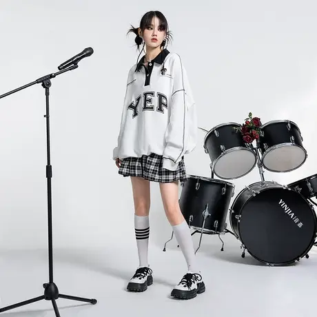 yep美式复古polo领卫衣女春秋oversize原创小众潮牌外套白色上衣商品大图