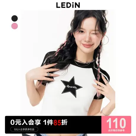 乐町星星插肩袖T恤2023年夏季新款女装插肩袖修身针织短袖上衣图片