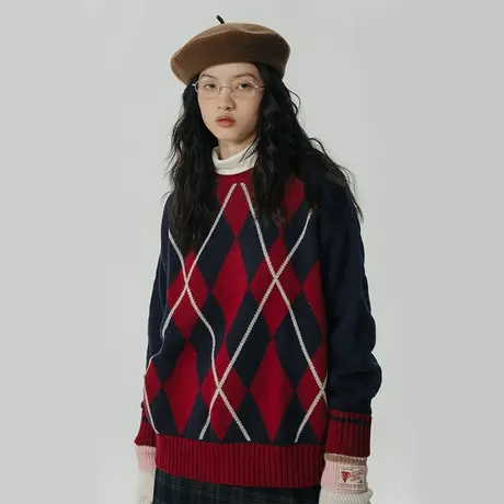 omont蛋挞家 菱格圆领毛衣女冬季2023新款复古学院风内搭针织上衣商品大图