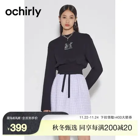 【新降】欧时力 印花纯棉卫衣女2023新款秋装上衣短款休闲宽松图片