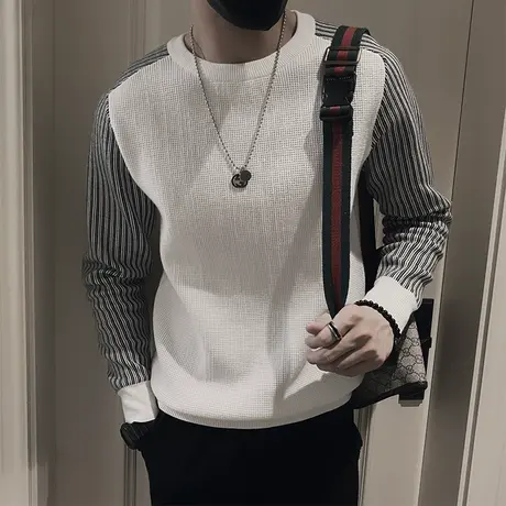 高级感条纹毛衣男冬季2023新款个性拼接韩版修身套头内搭针织衫商品大图