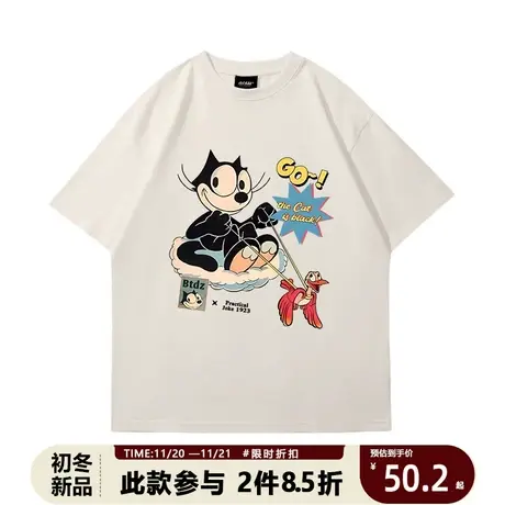 美式复古潮牌GO菲力猫T恤飞翔设计小众短袖洋气宽松休闲印花上衣商品大图