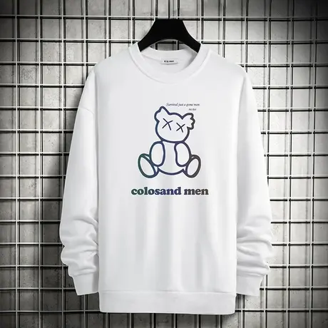 白色卫衣男潮ins春秋款加绒小熊印花无帽上衣服宽松圆领长袖t恤男商品大图