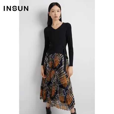 INSUN恩裳线上专选秋季千鸟格印花压褶毛衫连衣裙图片