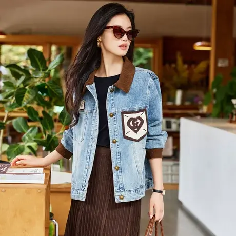 时尚气质牛仔短外套2023年秋季新款淑女温柔翻领显瘦通勤长袖上衣商品大图