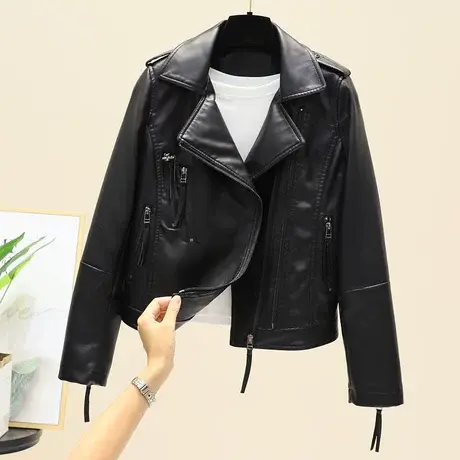 皮衣女潮流2023秋款潮流女装韩版修身复古机车皮夹克翻领短款外套商品大图