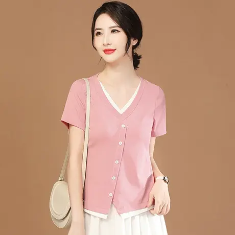韩潮袭人V领假两件短袖t恤女2024夏季新款胖mm短款上衣正肩体恤衫商品大图