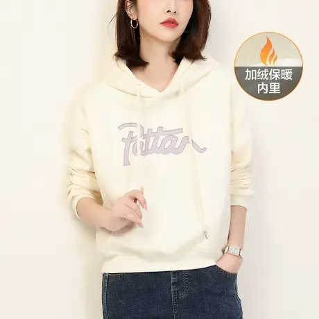 韩潮袭人百搭字母连帽加绒卫衣女冬季新款白色套头宽松上衣厚图片