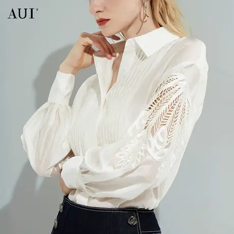 AUI法式高级欧货洋气衬衫女2022春秋新款设计感别致镂空小众衬衣商品大图