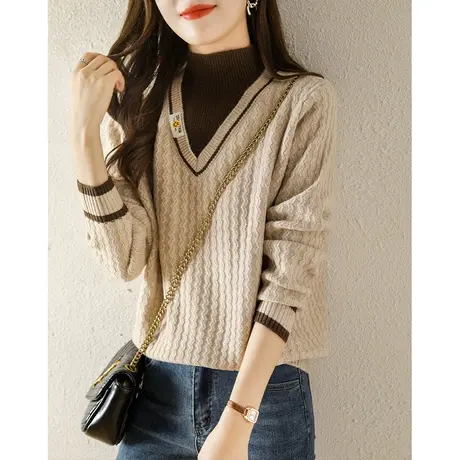 假两件套头针织衫女士秋冬季2023新款半高领毛衣服宽松打底衫上衣商品大图