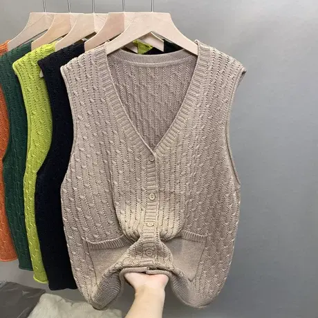 2023年春秋新款宽松V领纯色百搭针织叠穿马甲无袖开衫毛衣背心女商品大图