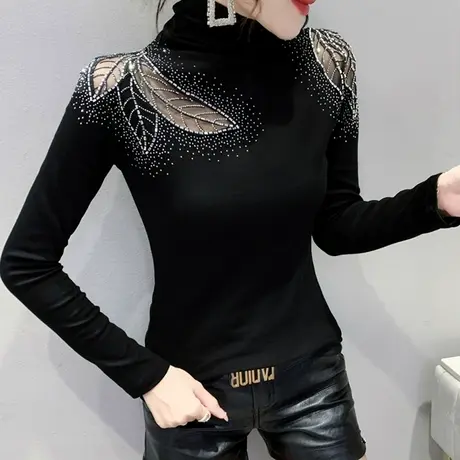 性感网纱镂空打底衫女春秋设计感小众烫钻长袖T恤半高领磨毛上衣商品大图