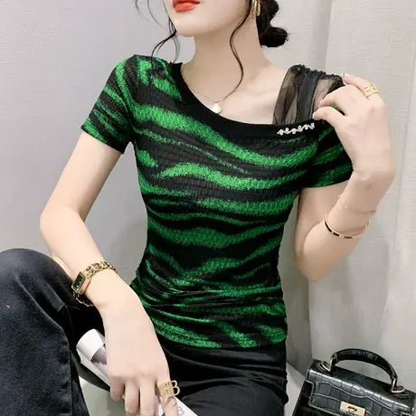 网纱拼接短袖T恤女2024夏季新款时尚洋气印花上衣别致斜领小衫ins图片