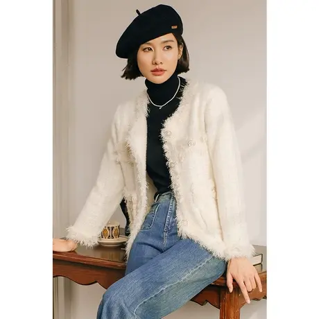 弥古白色流苏小香风外套女2023秋装气质名媛风粗花呢上衣高级感商品大图